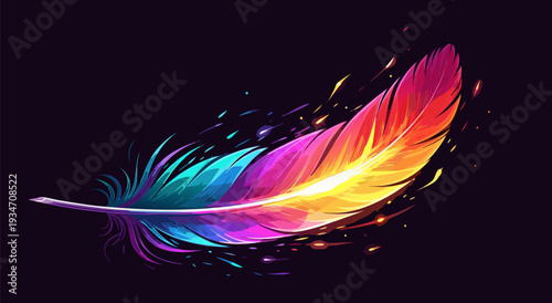 Vibrant Rainbow Feather vector illustration, magical and colorful with sparks and glowing particles, perfect for creative designs
