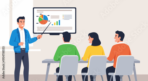 Presentation and business meeting vector illustration of a speaker presenting data charts on a screen to an audience