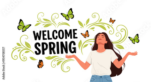 Vector illustration of a young woman enjoying the arrival of spring surrounded by butterflies and greenery, celebrating nature's rebirth