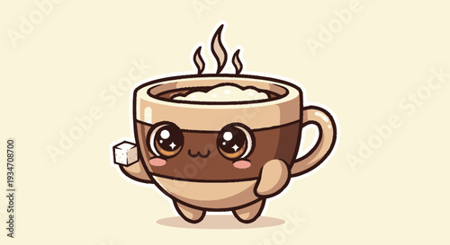 Cartoon coffee cup character with sugar cube in playful illustration