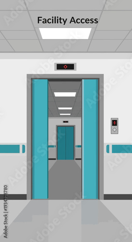 Elevator Entrance Modern Facility Interior With Blue Doors And Access Point Display