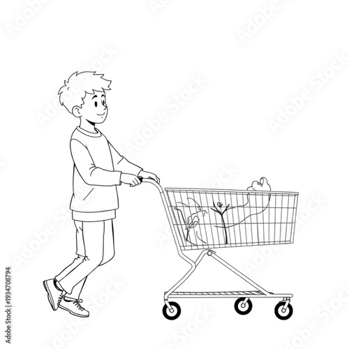 An eight-year-old boy carefully pushing his elderly neighbor's shopping cart, community kindness