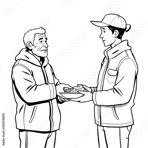 A homeless man accepting a warm meal from a volunteer, dignity preserved in both of their expressions