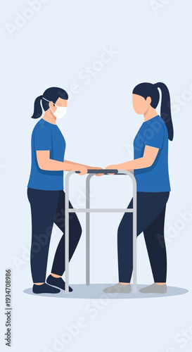 Empathetic Healthcare Professional Assisting Patient With Mobility Using a Walker Device