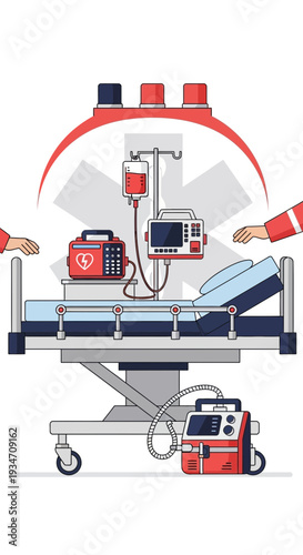 Emergency Medical Illustration Depicting Life-Saving Equipment And Bedside Care Procedures In A