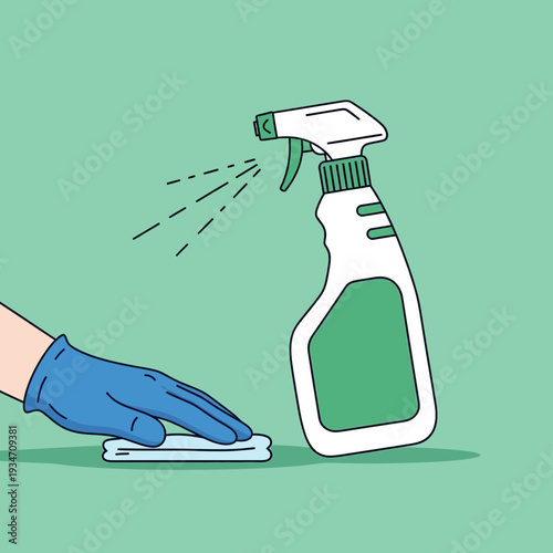 Essential Cleaning Spray Bottle And Glove Illustration With A Focus On Hygiene Practices