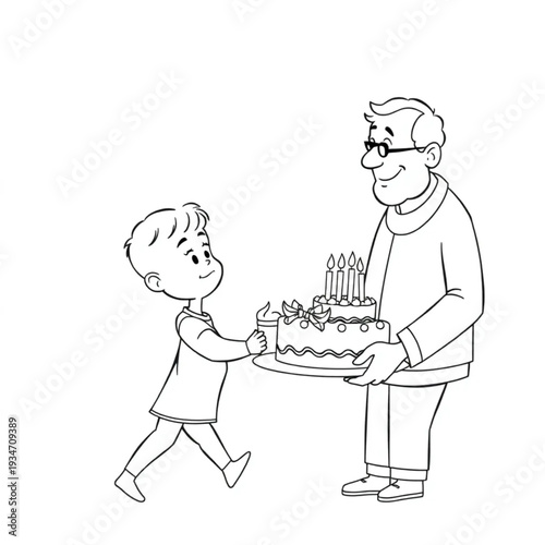 A small child carefully carrying a birthday cake to their grandparent, intense concentration, family love