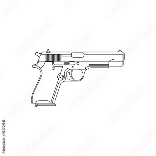 Detailed Line Drawing of Handgun Pistol.