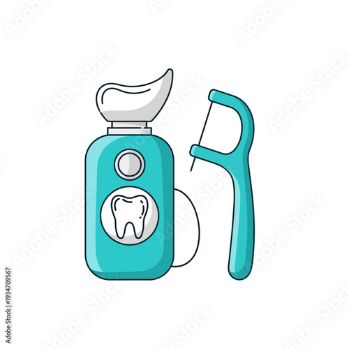 Essential Dental Hygiene Tools: A Modern Illustration Featuring Mouthwash and Floss Picks