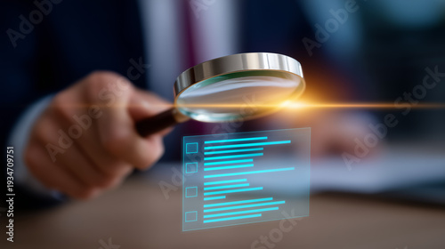Magnifying glass over a checklist interface representing compliance audit and risk review.
