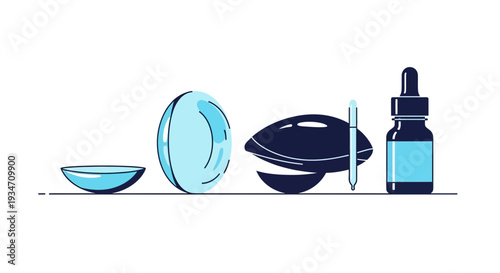 Essential Eye Care Elements: Contact Lenses, Solution, and Dropper Illustrations on White Background