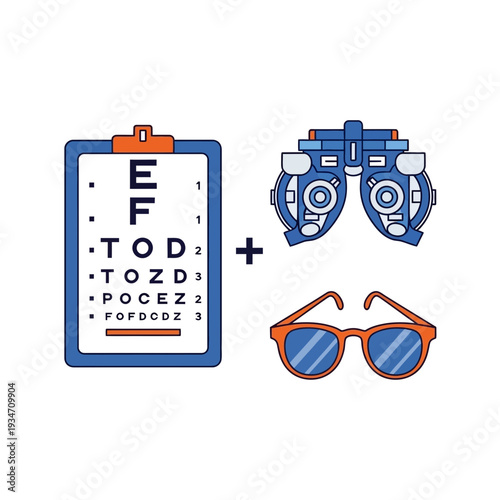 Essential Eye Care Elements Depicted Including Snellen Chart, Glasses, And Refraction Device