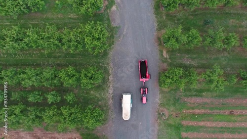 Aerial drone footage of a tractor in widespread fruit orchards in the American West.
