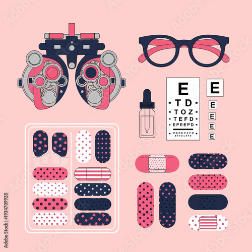Essential Eye Care Elements: Spectacles, Optometry Tools, Eye Charts, And Adhesive Bandages