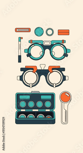 Essential Eye Care Equipment: A Detailed Vector Illustration of Ophthalmic Tools for Vision Testing