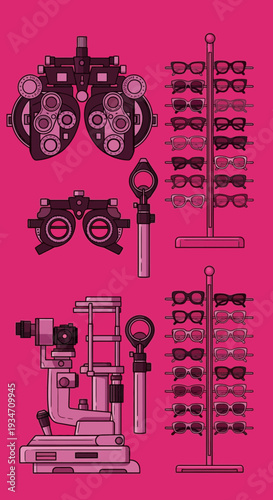 Essential Eye Care Equipment and Eyeglasses Displayed Against a Bright Pink Backdrop