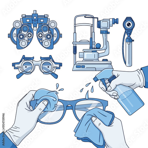 Essential Eye Care Equipment and Glasses Cleaning Illustration with Ophthalmological Tools