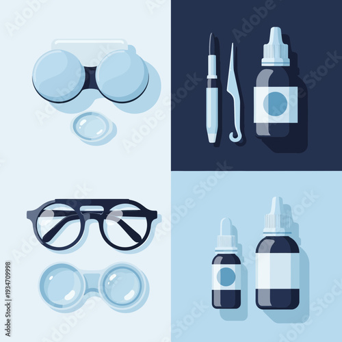 Essential Eye Care Equipment: Illustration of Contact Lenses, Eyeglasses, and Cleaning Solutions