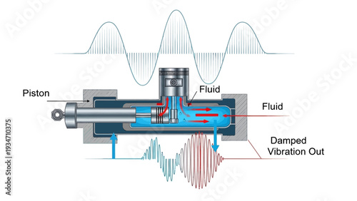 Hydraulic Shock Absorber Diagram with Piston and Fluid.