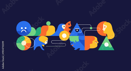 Colorful emoticon faces in shapes.