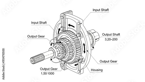 Mechanical Gearbox Diagram with Labeled Components.