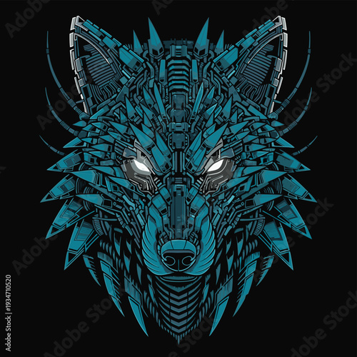 Futuristic robotic wolf head illustration with intricate mechanical details and glowing eyes.