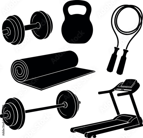  collection of black silhouettes for fitness, weightlifting, and exercise equipment
