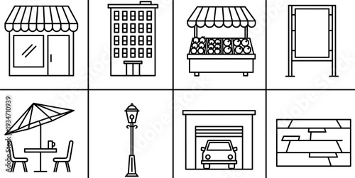 black and white outline icons representing urban buildings and street furniture