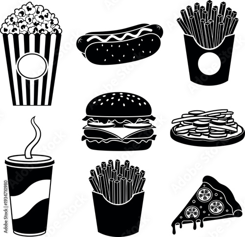 fast food icons set popcorn, burger, hotdog, fries, soda, and pizza slice