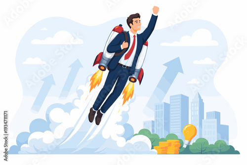 Successful Businessman Flying with a Jetpack Over City Skyline Symbolizing Career Growth Ambition Business Development Rapid Startup Success Achievement Innovation and Financial Prosperity