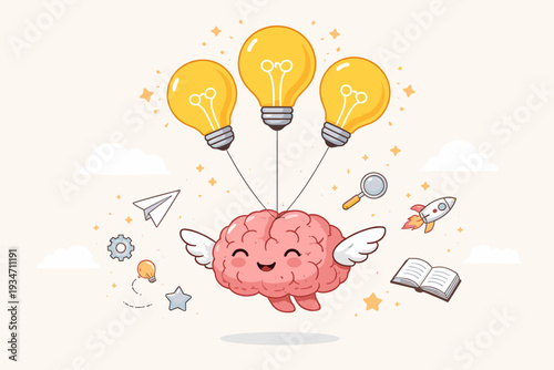 Cute brain character flying with light bulb balloons as a metaphor for innovation, intelligence, and new ideas. Whimsical vector illustration with book, rocket, and gear symbols for education.