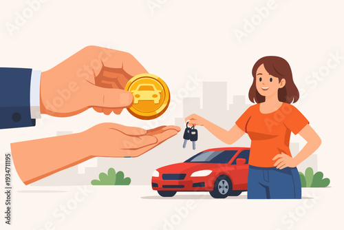 Agent hand holding gold coin to buy vehicle from woman holding keys. Red car in background. Concept of car rental, sale, trade-in, and automotive finance business flat vector illustration.