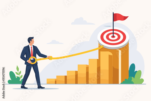 Businessman in suit measuring distance to a target on top of a rising bar chart with a tape measure, representing business success measurement, goal achievement, growth metric analysis, and progress.