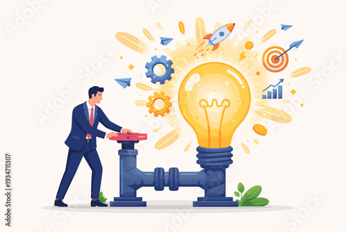 Businessman turning a valve to ignite a giant light bulb, representing business innovation, creativity, mentorship, and launching new ideas with success icons like rockets, gears, and targets.