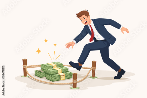 Businessman Stepping into a Rope Trap with Stacks of Cash, Concept of Financial Fraud, Greed, Investment Scam, and Deception, Professional Vector Illustration of a Man Lured by Easy Money.