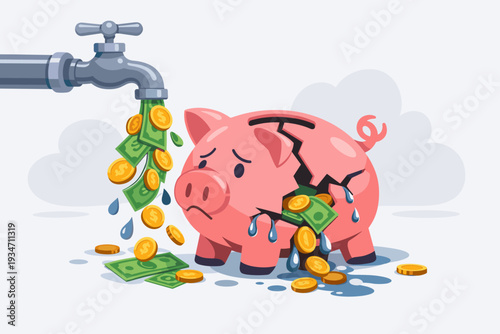 Financial Crisis Concept with Money Leaking from a Broken Piggy Bank and Flowing from a Faucet, Representing Overspending, High Expenses, Debt, Bankruptcy, and Loss of Savings or Wealth.