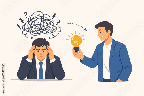 Problem solving skill and creativity to find a solution for a difficult issue. A coach or mentor helping a stressed businessman by providing a bright idea and mental clarity vector illustration.