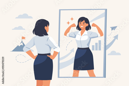 Self Confidence and Self Esteem Concept with a Businesswoman Looking in the Mirror and Seeing a Strong Powerful Version of Herself for Motivation, Success, Positive Thinking, and Empowerment