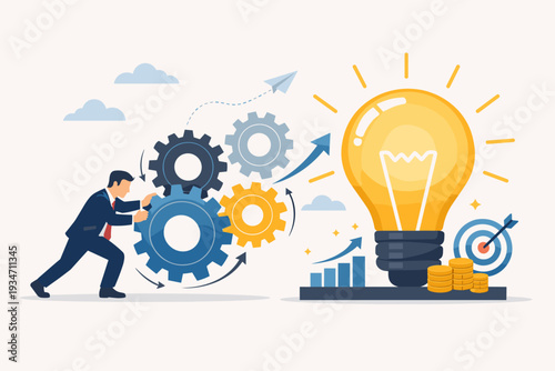 Professional businessman turning gears to power a large glowing lightbulb, symbolizing project initiation, strategic management, creative innovation, business growth, and successful execution.