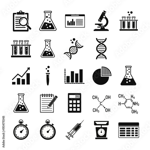 Science laboratory equipment and symbols.