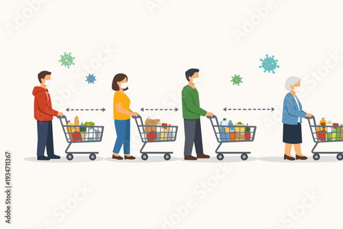 Diverse group of people wearing medical face masks and keeping social distance while standing in line with shopping carts at a grocery store to prevent the spread of COVID-19 during the pandemic.