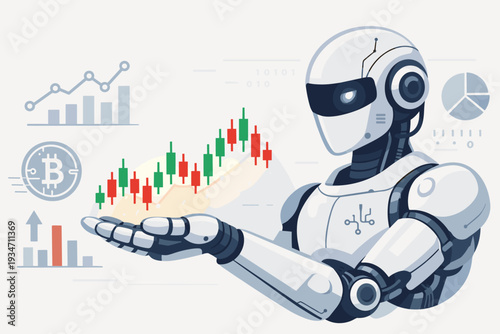AI Robot Trading in Stock Market, Cryptocurrency, and Forex with High Frequency Algorithmic Trading Technology, Artificial Intelligence Analyzing Financial Data, Candlestick Charts and Bitcoin.