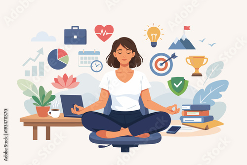 Stress Management and Mindfulness at Work: Woman Meditating in Office Chair for Work-Life Balance, Productivity, and Mental Health Wellness, Vector Illustration with Business and Health Icons.