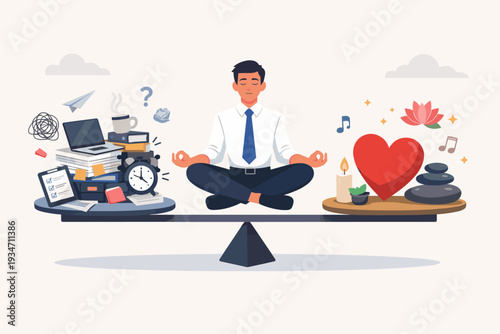 Businessman Meditating on a Scale Balancing Work and Life Stress Management and Mental Health Concept with Laptop Clock Heart and Zen Elements for Mindfulness and Professional Wellness Vector