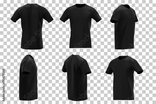 Black blank T-shirt mockup set, front, back and side views isolated on transparent background.
