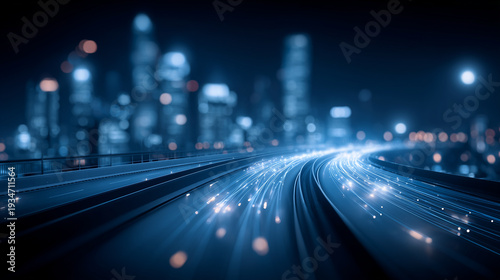 City highway with streaming data trails illustrating high speed connectivity and smart mobility concept.
