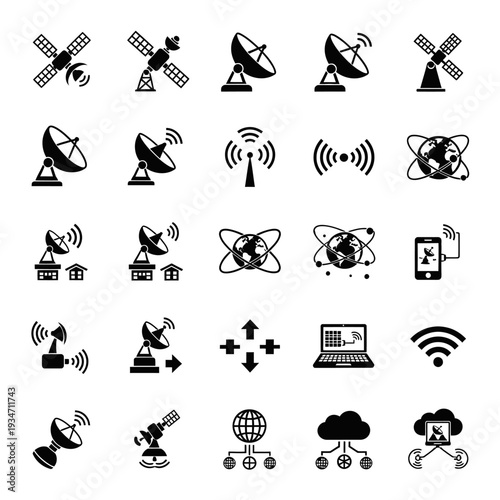 Black icons of satellite dishes and antennas.