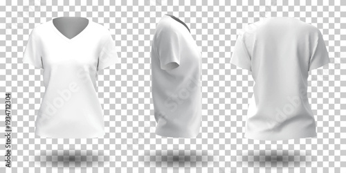 White womфn blank T-shirt mockup set, front, back and side views isolated on transparent background.