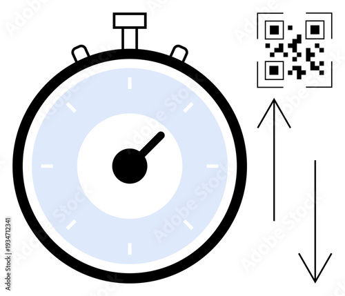 Time management, digital scanning, productivity tools, workflow optimization, quick response, efficiency. Stopwatch with a QR code and arrows. Time management and digital scanning concepts