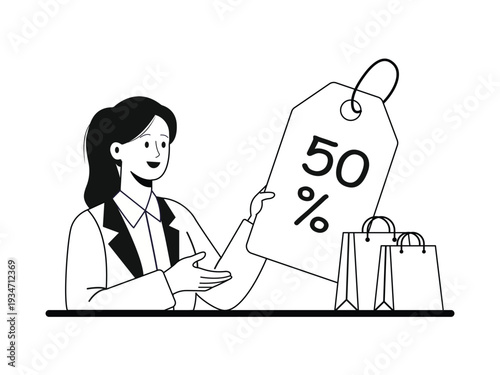 Woman holding a large fifty percent discount price tag for retail sale promotion vector illustration